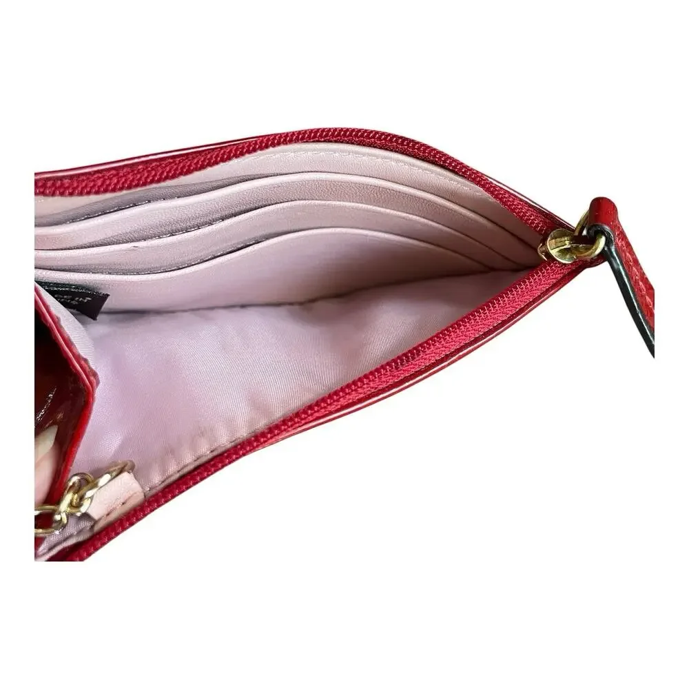 COACH Embossed C Red Patent Leather Gold Key Ring Small Skinny Card Case Top Zip